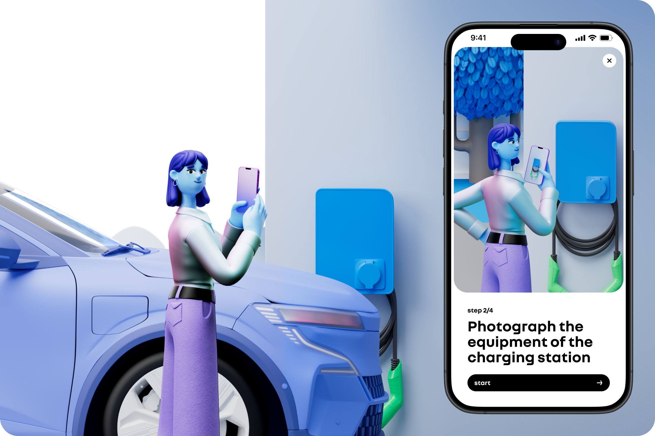 Driver app: the check-in flow photographing the parking spot, charging equipment and battery level.