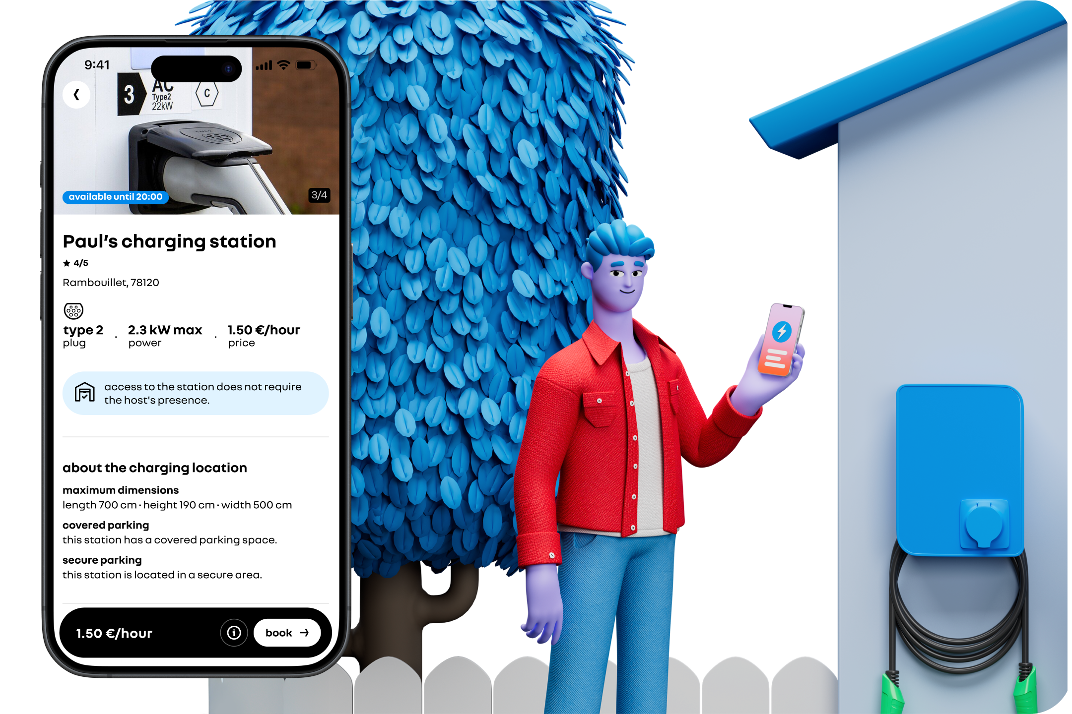 Driver app: map search, station cards and a station detail page with compatibility info and the host profile.
