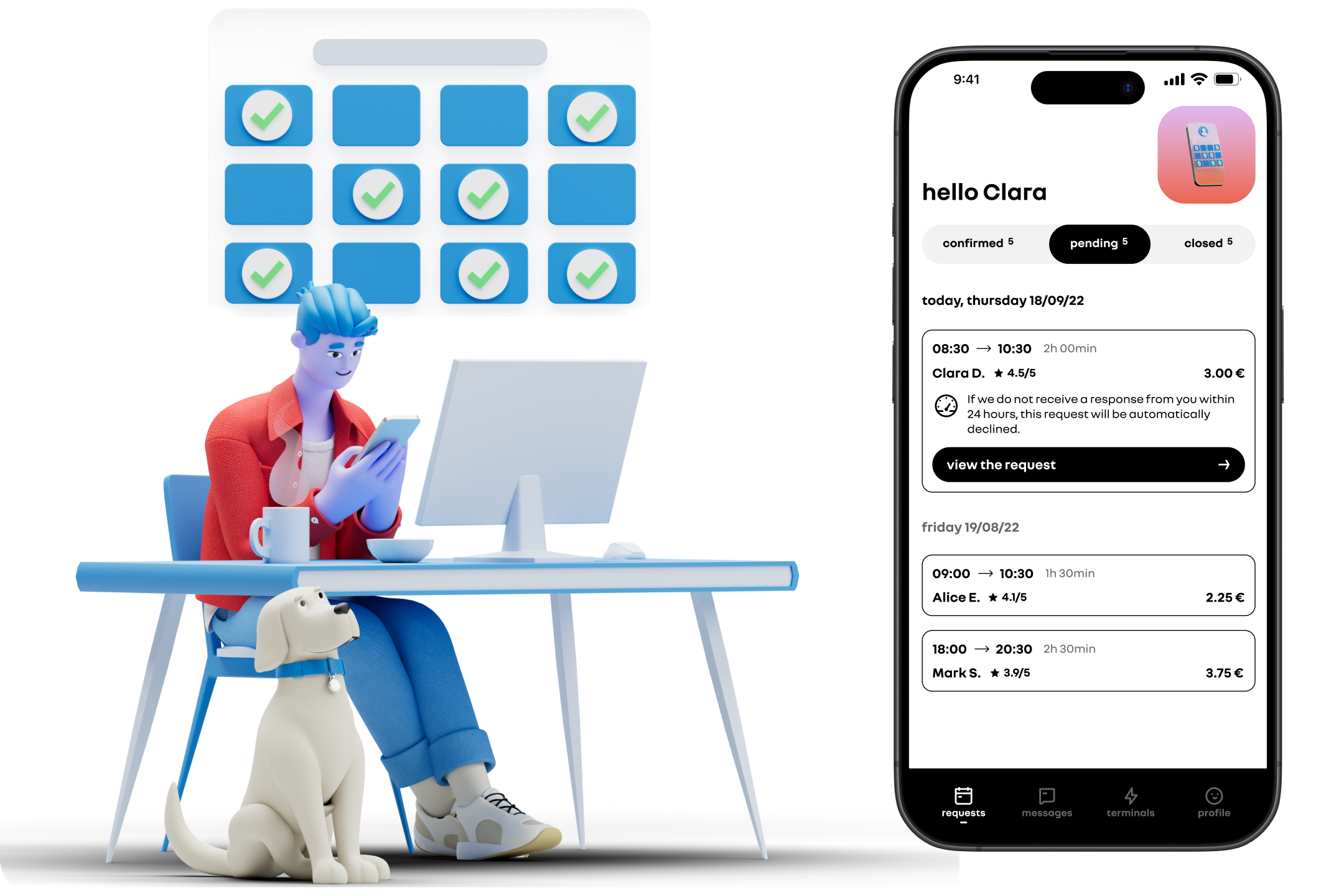 Host app: a booking request from a verified driver showing vehicle and licence details.