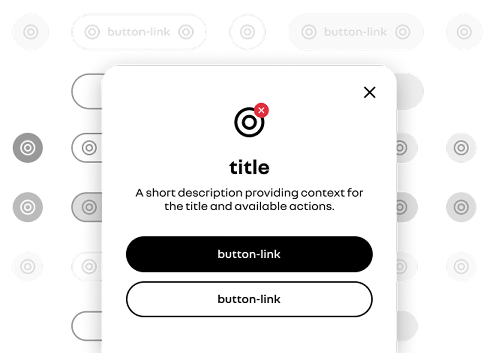 Design system component spec for a modal dialog with title, description, and two button-link states.