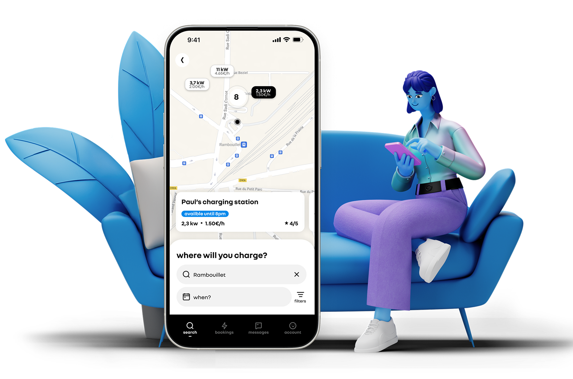 Plug Inn mobile app screen showing a map of EV charging stations near Rambouillet, with an illustrated 3D character checking their phone beside it.