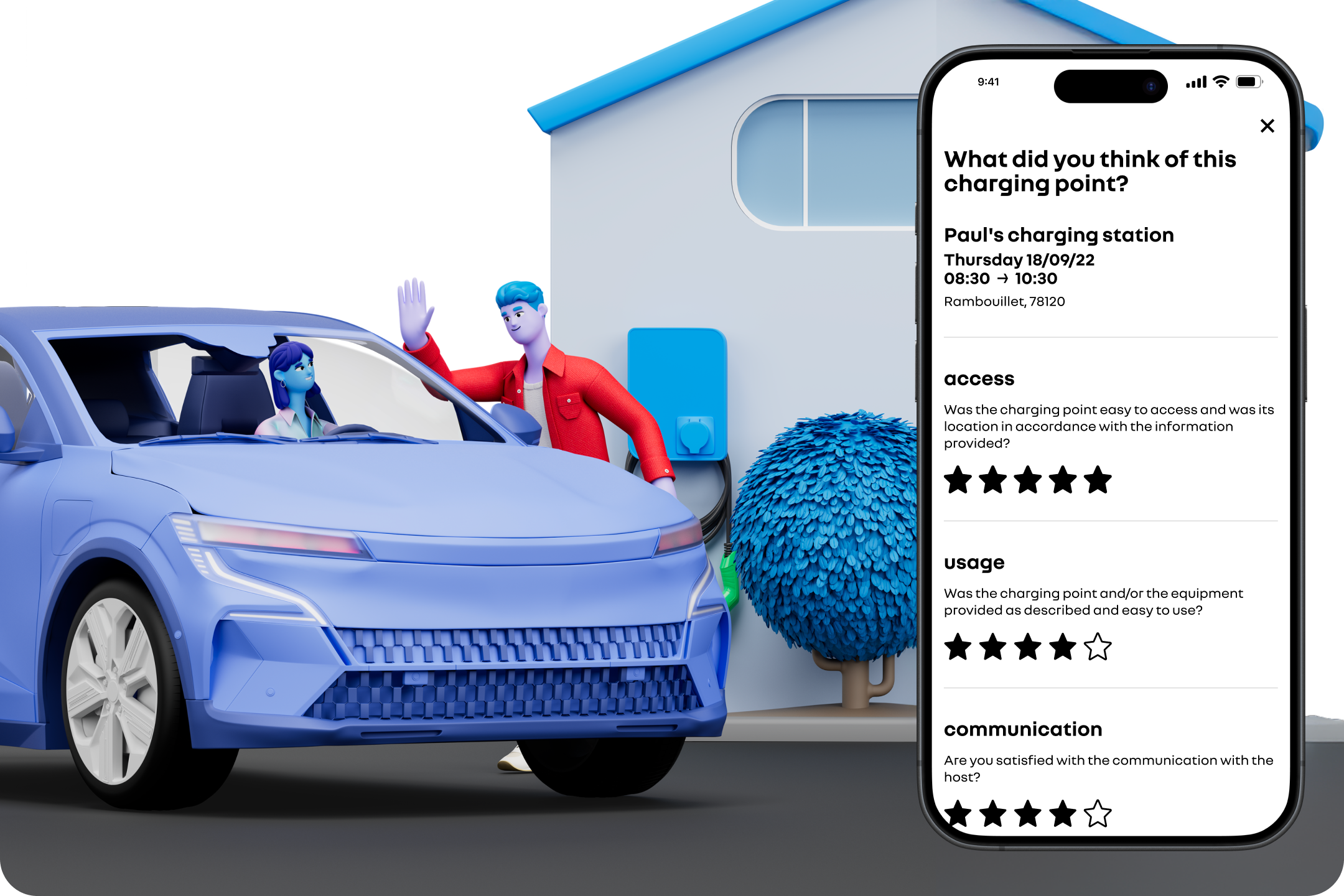 Driver and host rating screens scoring charging quality, punctuality, equipment care and communication.