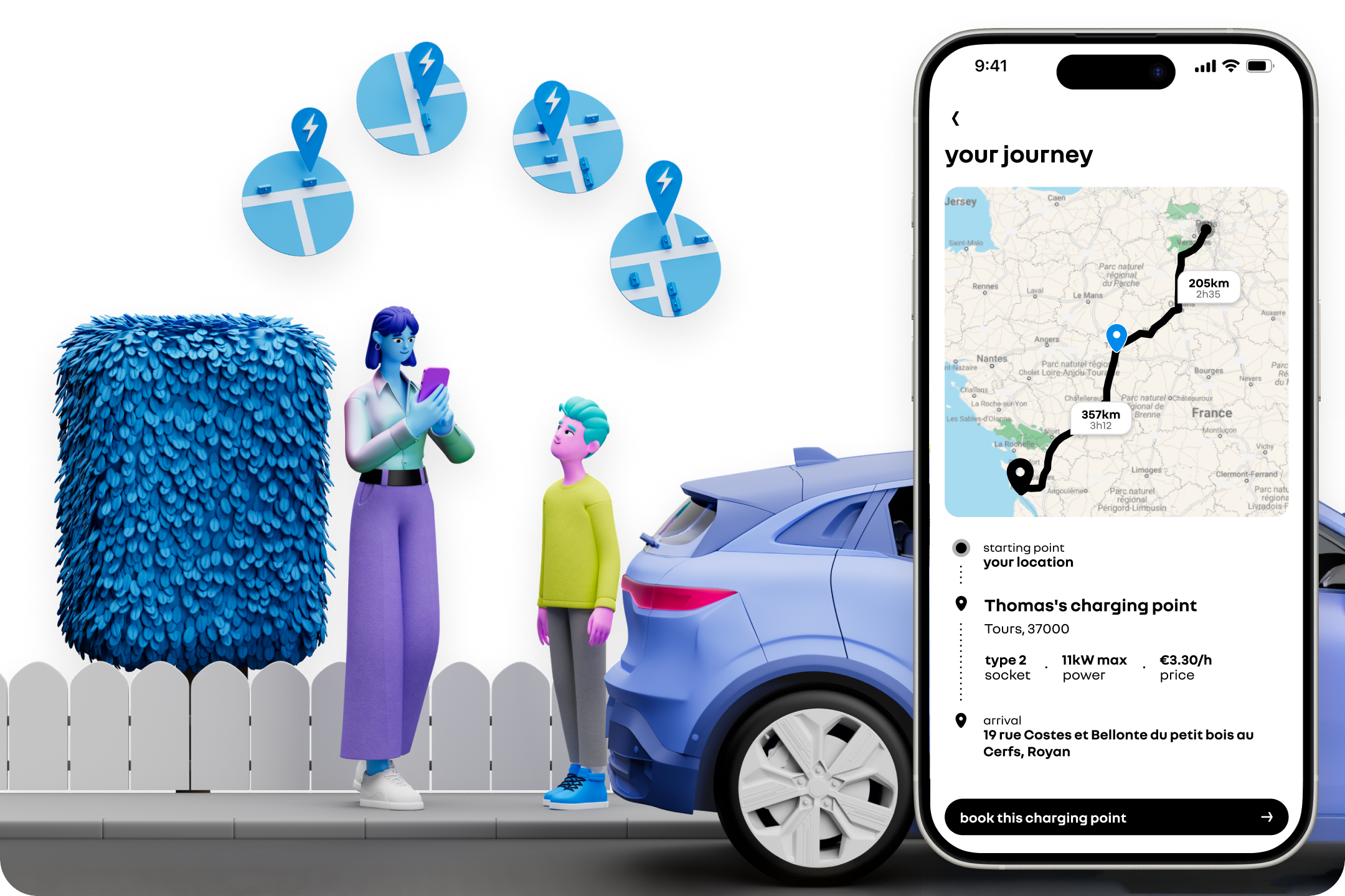 Road-planner flow integrating fast-charging stops into a planned trip.