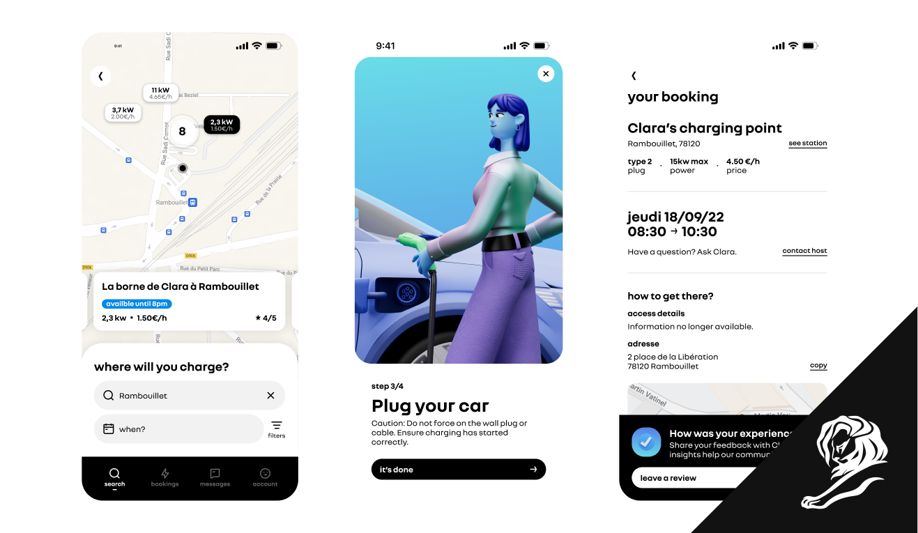 Composition of 3 screenshots of the Plug Inn app