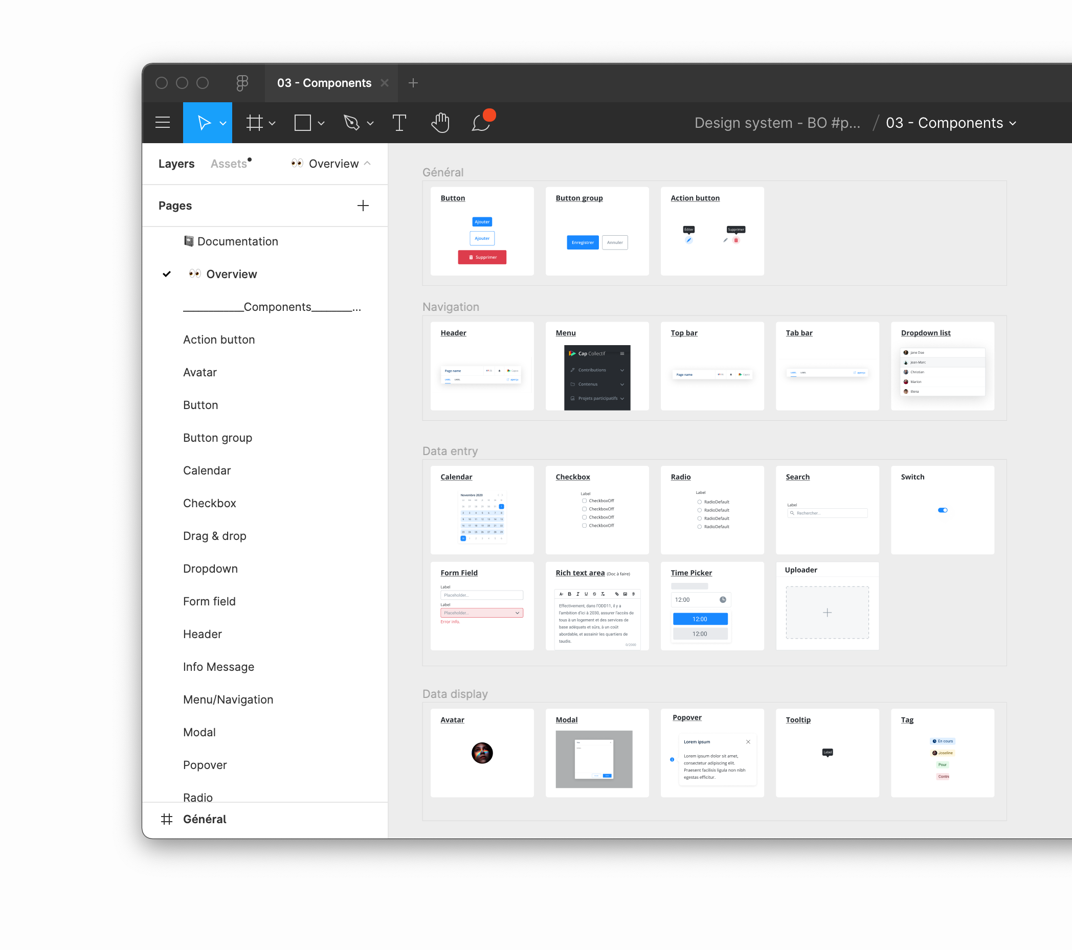 Screenshot of the Figma file depicting the file structure with an overview page.