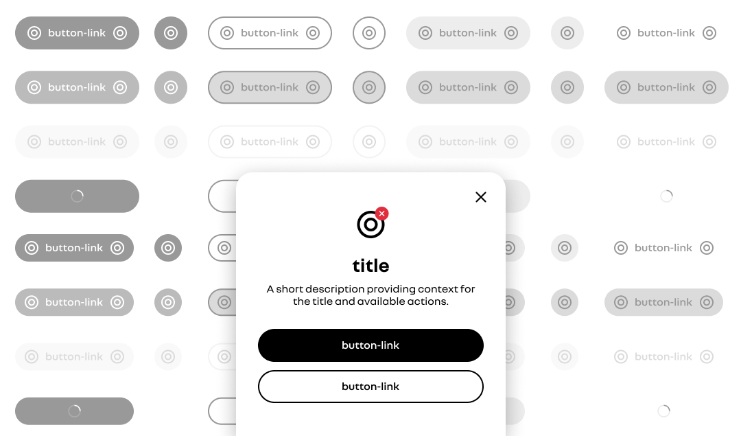 Composition displaying a modal component in the center and buttons in different states behind.